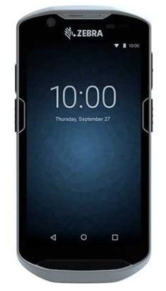 A Zebra handheld touch computer with a black casing and display showing the time and date.