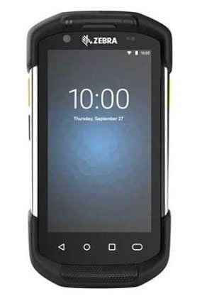 A Zebra handheld mobile computer with a black casing and display screen showing the time and date.