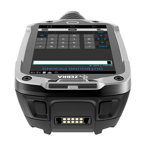 Zebra mobile computer with a screen displaying software interface on a white background