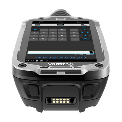 Zebra mobile computer with a screen displaying software interface on a white background