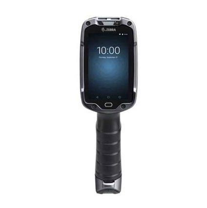 A handheld Zebra mobile computer with a black grip and a screen displaying the time.
