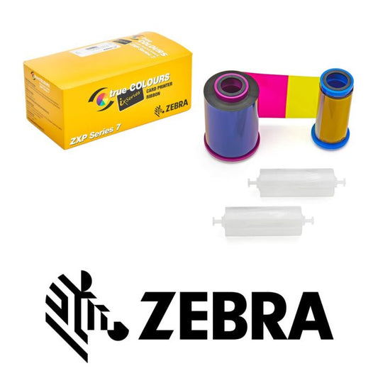 Zebra ZXP Series 7 color transfer film kit with a yellow box, two film rolls showing magenta, yellow, and blue colors, and two clear transfer rollers on a white background with a large Zebra logo at the bottom.