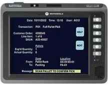 A Zebra data terminal with a digital display showing transaction details, numeric keypad, and several function keys.