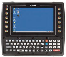 A Zebra handheld device with a QWERTY keyboard and a digital screen displaying a interface with various icons.