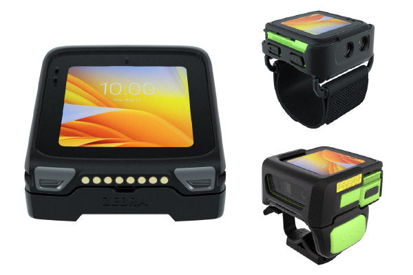 Rugged device with a screen displaying time, shown from different angles on a white background.