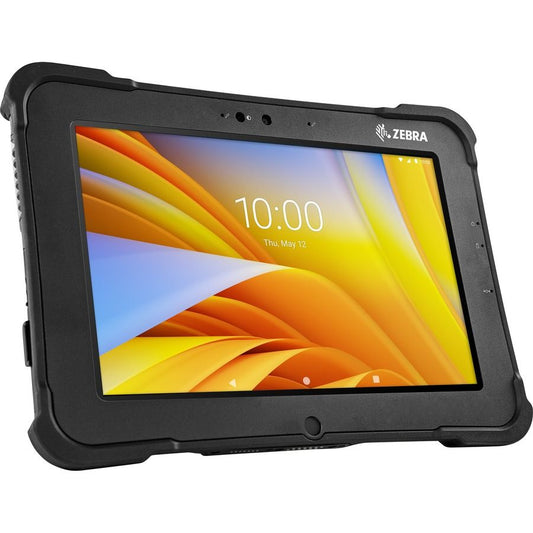 A black Zebra XSLATE L10 Android tablet with a visible screen displaying time and notifications, housed in a protective case.