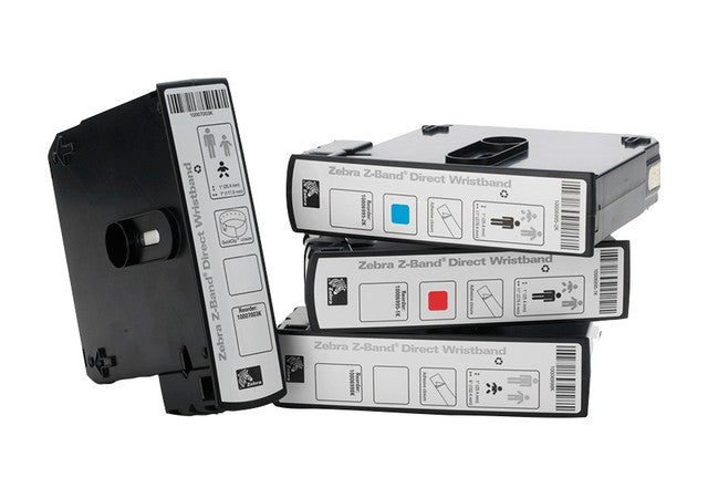 A collection of Zebra Z-Band Direct Wristband Cartridge Kits in black, red, and white, displayed on a white background.