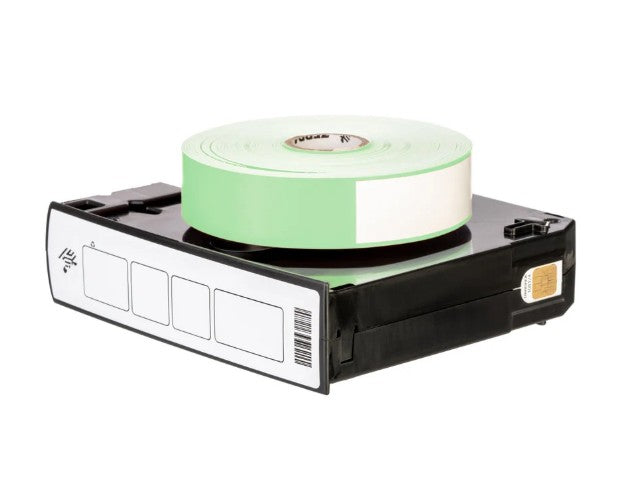 A roll of light green adhesive labels mounted on a black dispenser tray with white label slots, shown on a plain white background.