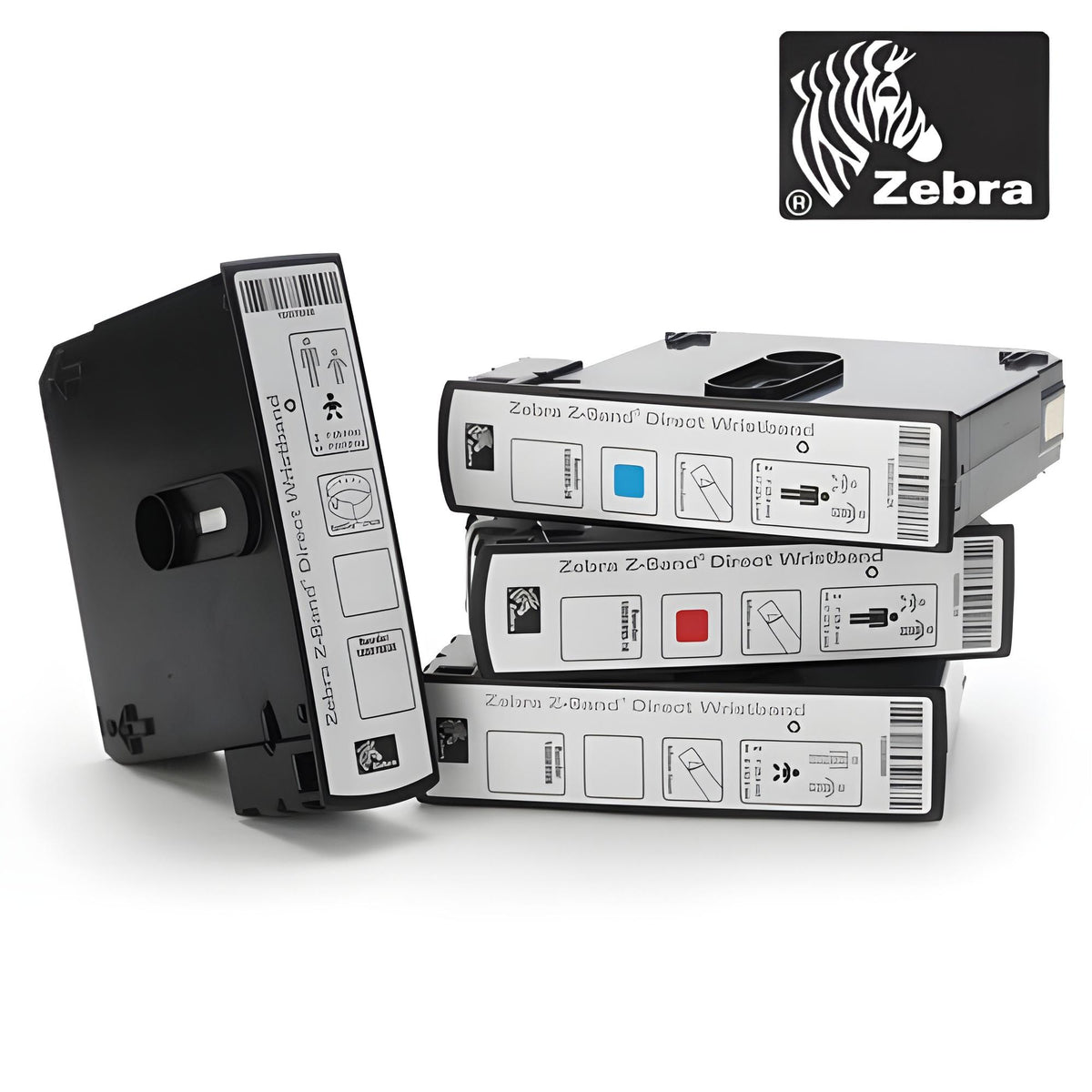 Four Zebra Z-Band Direct Wristband printers in black and white, with one standing upright and three stacked horizontally, shown on a white background with a Zebra logo in the top right corner.