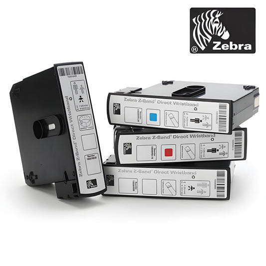 Four Zebra Z-Band Direct Wristband printers in black and white, with one standing upright and three stacked horizontally, shown on a white background with a Zebra logo in the top right corner.