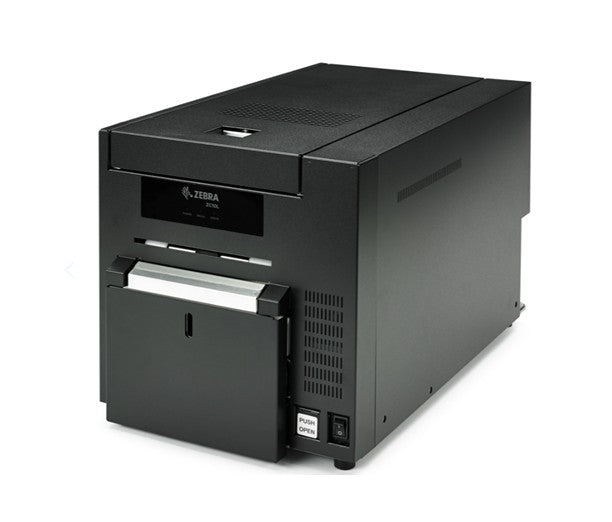 A black Jabra printer with a front label window and paper tray, photographed on a clean white background.