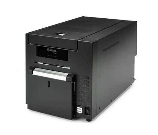 A black Jabra printer with a front label window and paper tray, photographed on a clean white background.
