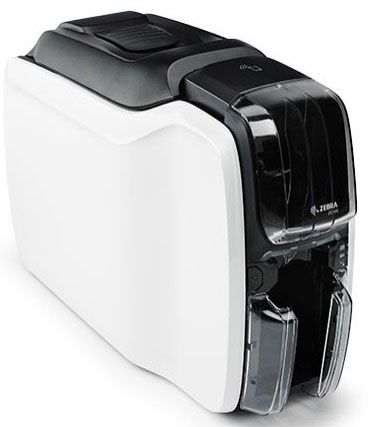 A Zebra ZC300 single-sided ID card printer, predominantly black and white in color, designed for printing plastic cards.