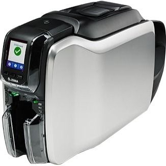 A Zebra ZC350 dual-sided id card printer, primarily in gray and black color, with a display screen and card slots visible.