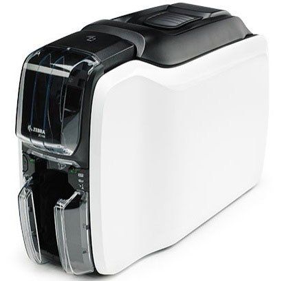 A Zebra ZC350 single-sided card printer, predominantly white in color with black accents, showing the front and side views.