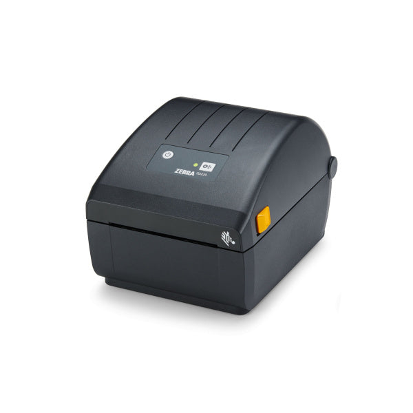 Black Zebra label printer on a white background