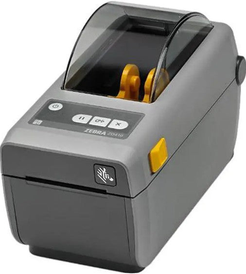 Zebra thermal label printer TD20410 in gray with yellow accents and a clear top cover, shown on a white background.