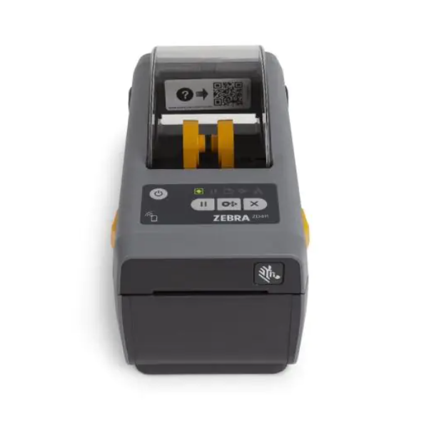 A Zebra ZD411t barcode label printer with a black body, yellow accents, and a label roll inserted.
