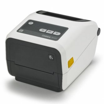 A Zebra ZD420 healthcare barcode label printer, predominantly white with black accents, featuring a control panel on the top.