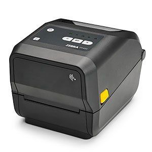A black Zebra ZD420t barcode label printer with a visible display and several control buttons on the front panel.