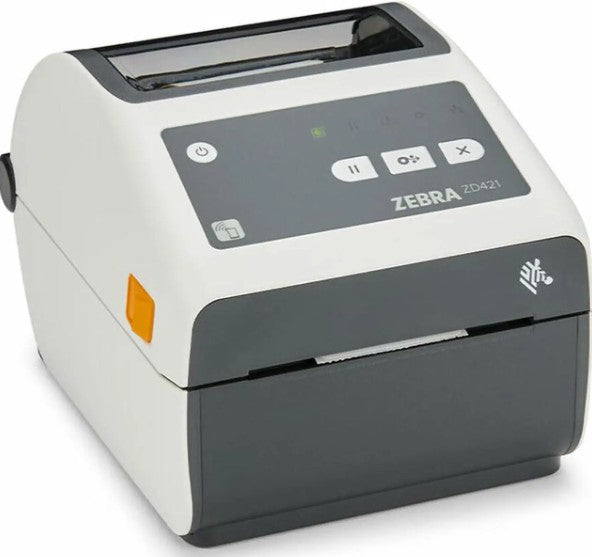 Zebra ZD421 thermal label printer in white and dark gray, featuring a control panel with buttons and a paper slot.