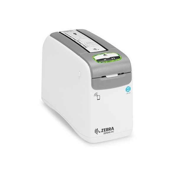 A white Zebra ZD510 barcode label printer with a gray top cover, connected to a power source via a USB cable.