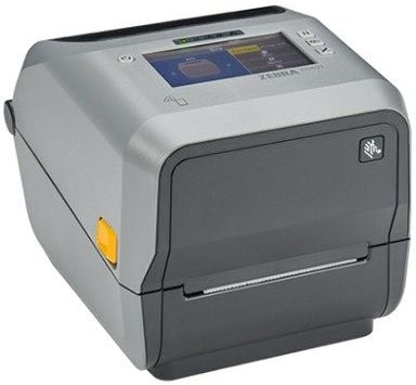 A gray Zebra ZD 620t,ZD621t barcode label printer with a color display on the front.