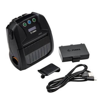Zebra ZQ200 Mobile Printer with a battery, charging dock, and USB cable