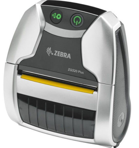 Zebra ZQ320 Plus barcode label printer in silver and black with a yellow paper slot, shown on a white background.