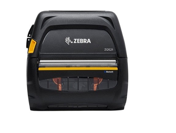 Zebra ZQ1521 barcode label printer in black with yellow accents, shown from the front on a white background.
