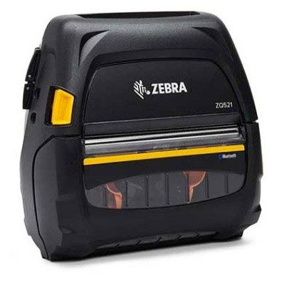 A black Zebra ZQ521 Barcode Label Printer and Receipt Printer with yellow accents on the front, including a display screen and a yellow lever.