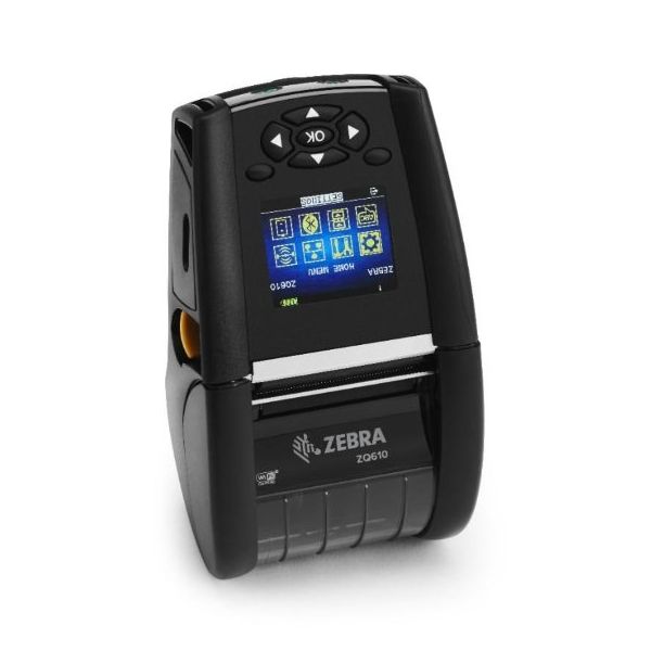 A black Zebra ZQ610 mobile printer with a display screen, showing connectivity icons and a battery icon.