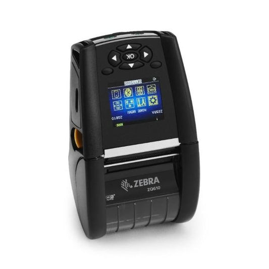 A black Zebra ZQ610 mobile printer with a display screen, showing connectivity icons and a battery icon.