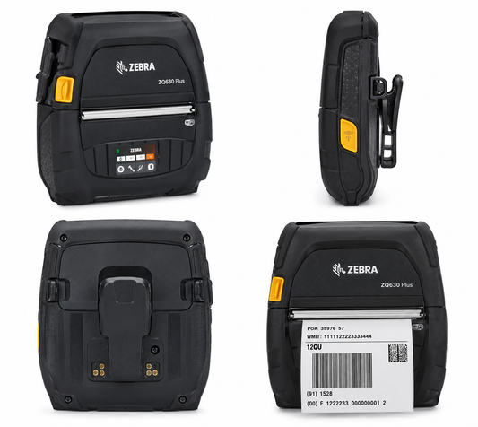 Four views of a Zebra 206130 Plus handheld barcode scanner on a white background, showing the front, side, back, and rear with a barcode label inserted.