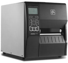 A Zebra ZT230 thermal transfer barcode label printer with a digital display and multiple label exit slots.