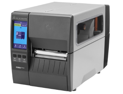 A Zebra ZT231 barcode label printer with a color display on the front, in a gray and black color scheme.