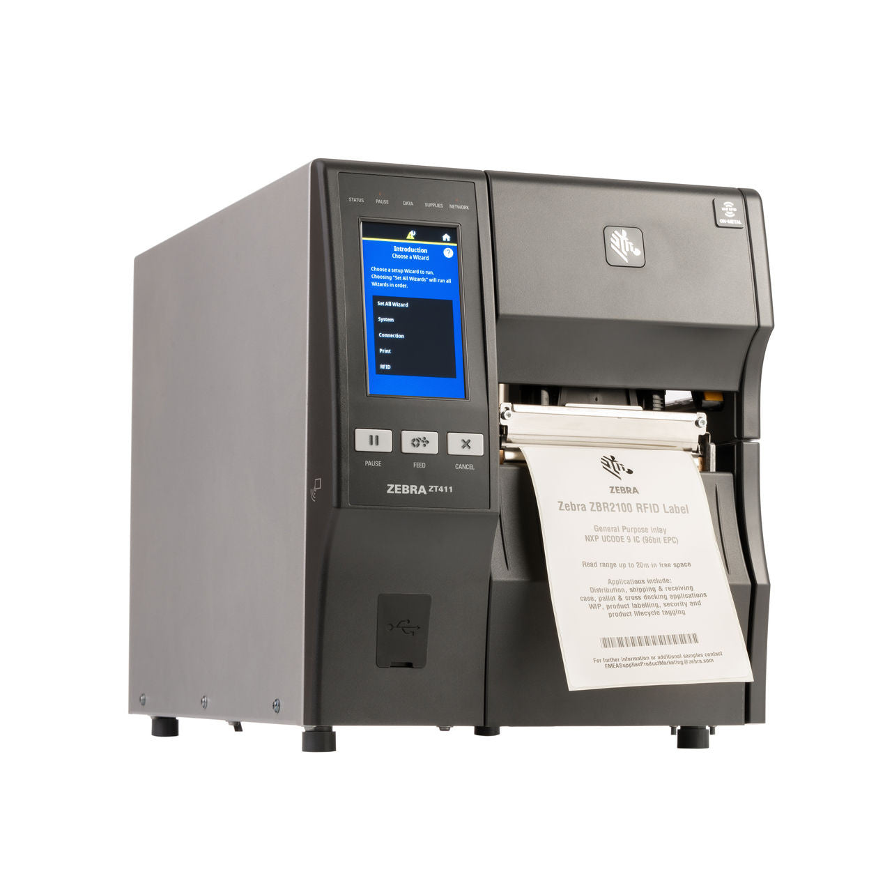 Zebra label printer with a printed label on a white background