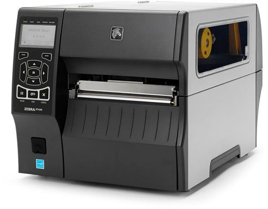 A Zebra ZT420 Barcode Label Printer, showing the front view with paper output slot and control panel.