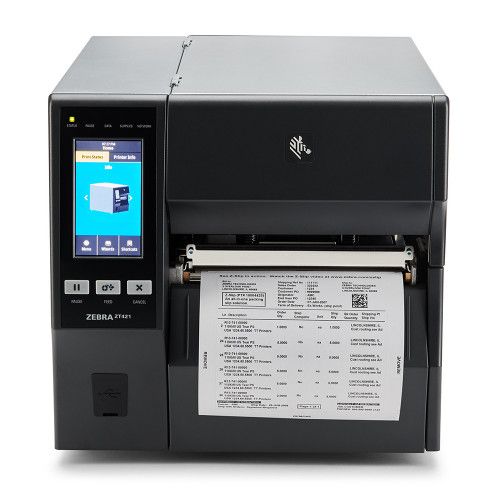 A Zebra ZT421 barcode label printer with a label roll inserted, displaying a graphical user interface on the front.