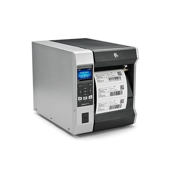 A Zebra ZT620R RFID printer with a label being printed visible from the side angle.