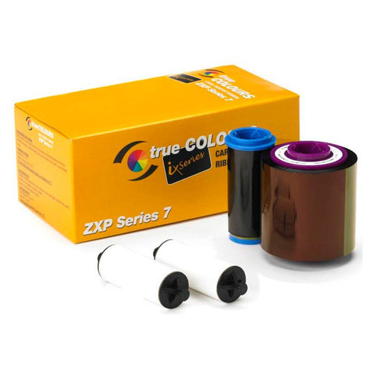 A Zebra ZXP7 Ribbon YMCKO set with a yellow, blue, black, and white ribbon cartridges alongside their packaging box.