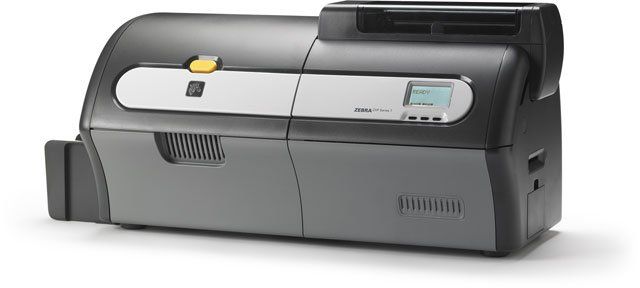A Zebra ZXP7 Dual Side ID Card Printer with a ribbon cartridge, designed for printing single or double-sided ID cards.