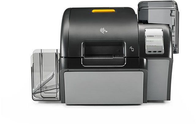 A Zebra ZXP Series 9 ID card printer, which is a reverse thermal image transfer printer, designed for printing cards and labels.