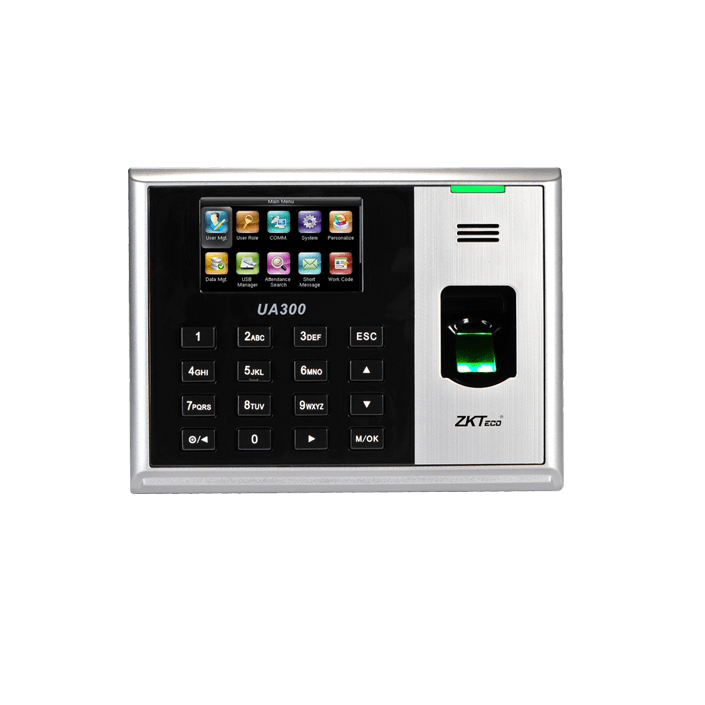 Zkteco UA300 fingerprint attendance machine with a digital display and fingerprint scanner