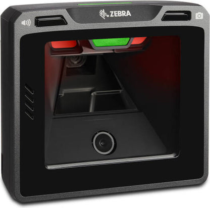 Zebra industrial device with camera and scanning area on a white background