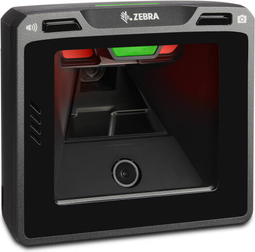 Zebra industrial device with camera and scanning area on a white background