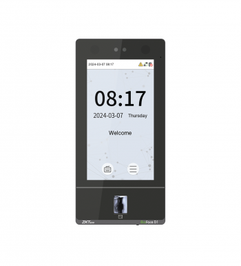 Digital display with a clock and welcome message on a white background
