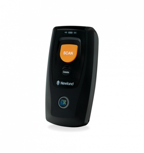 Black handheld scanner with orange 'Scan' button on a white background