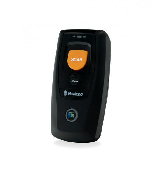 Black handheld scanner with orange 'Scan' button on a white background