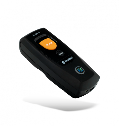 Black handheld scanner with orange 'Scan' button on a white background